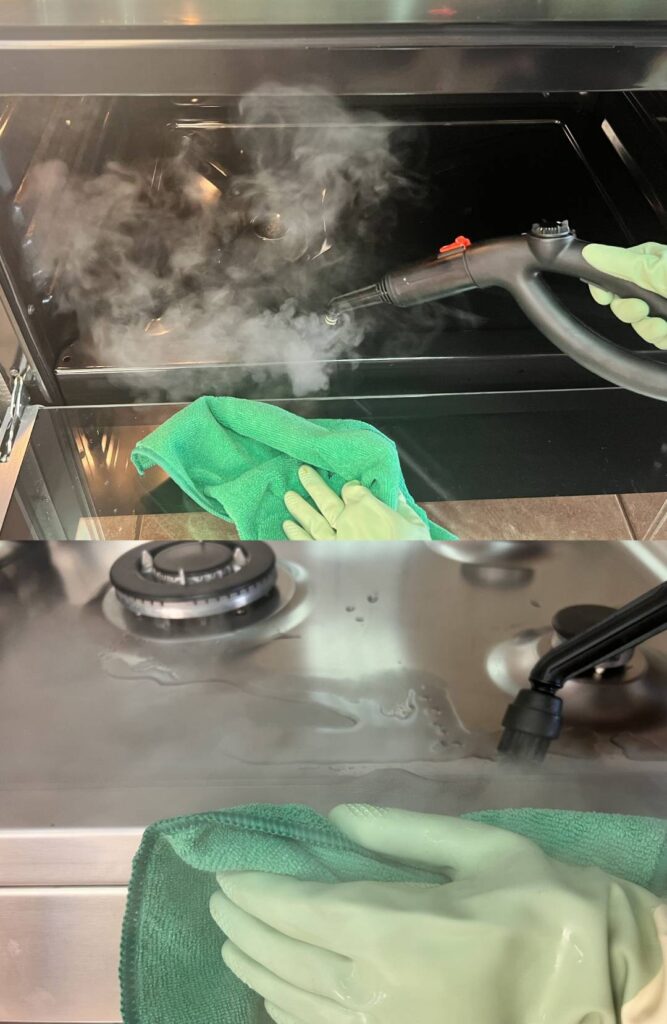 two images of deep steam cleaning residential oven